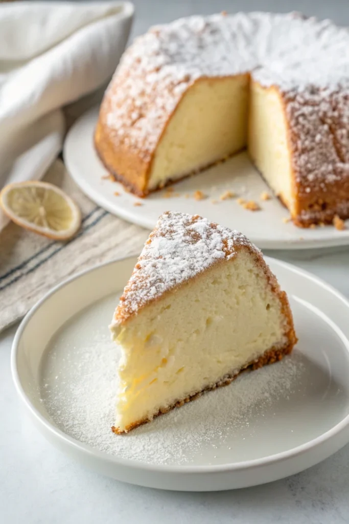 Slice of Million Dollar Cream Cheese Pound Cake on a white plate dusted with powdered sugar