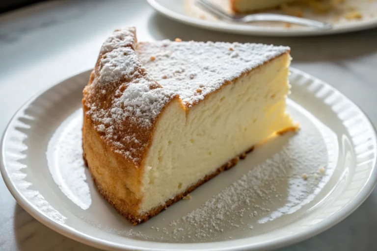 Slice of Million Dollar Cream Cheese Pound Cake on a white plate dusted with powdered sugar