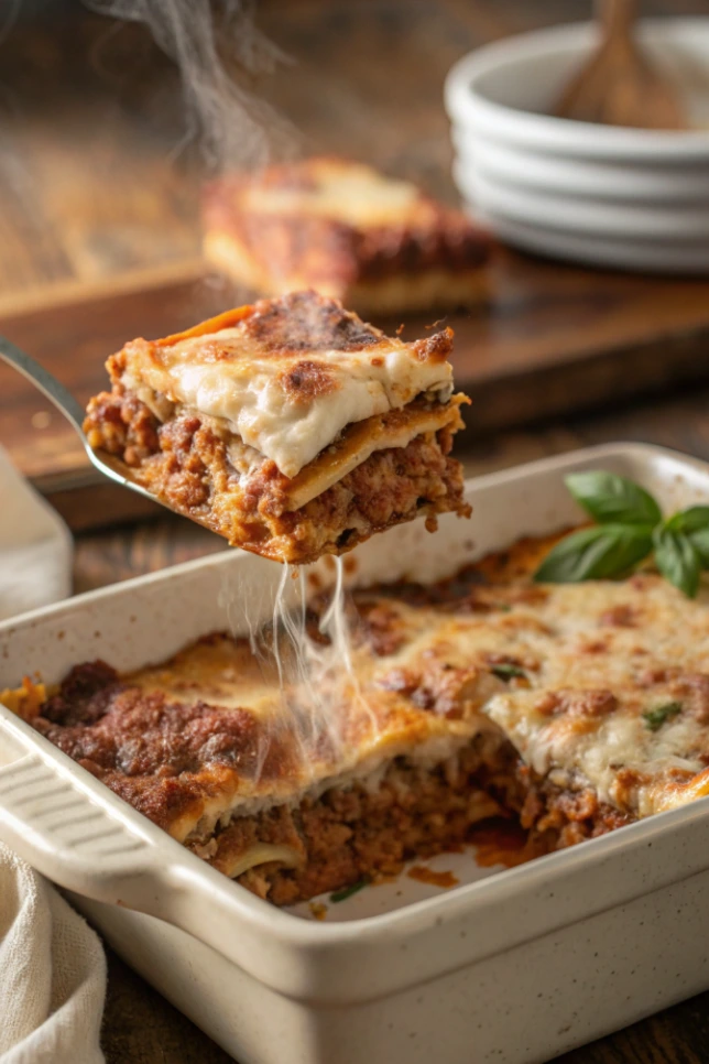 A slice of million dollar lasagna being lifted from the baking dish showing the cream cheese layer between the meat sauce and melted mozzarella