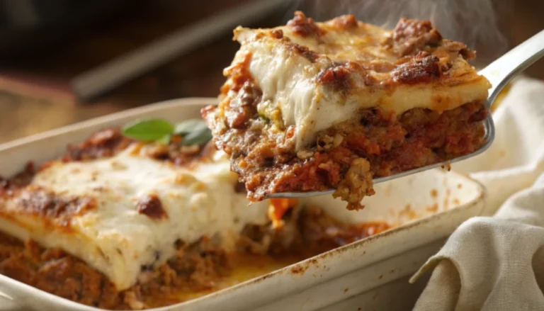 A slice of million dollar lasagna being lifted from the baking dish showing the cream cheese layer between the meat sauce and melted mozzarella