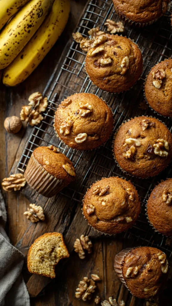 Freshly baked moist banana nut muffins on a cooling rack with golden tops and visible walnut pieces