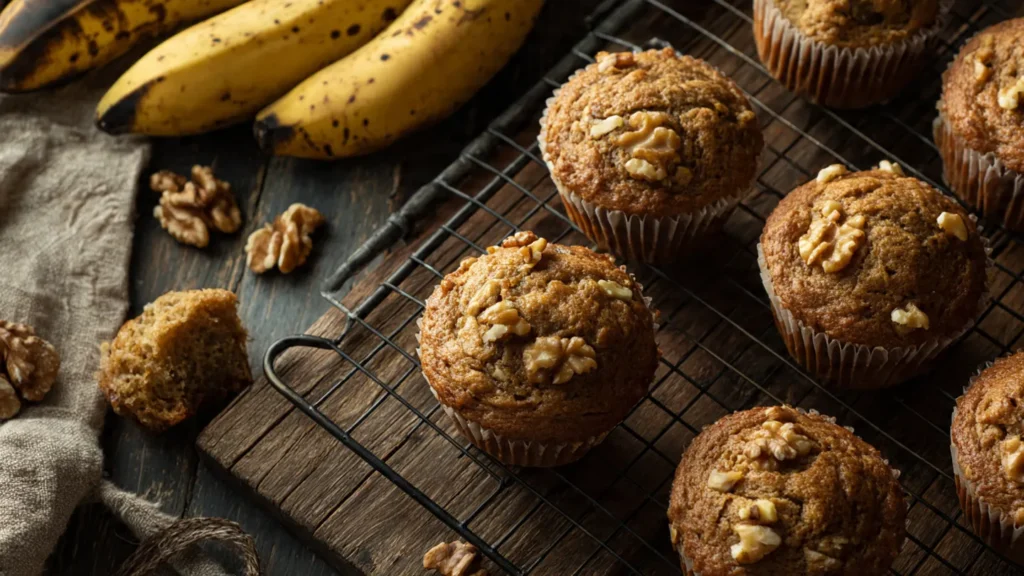 Freshly baked moist banana nut muffins on a cooling rack with golden tops and visible walnut pieces
