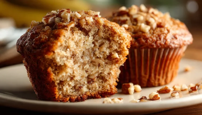 Freshly baked moist banana nut muffins on a cooling rack with golden tops and visible walnut pieces