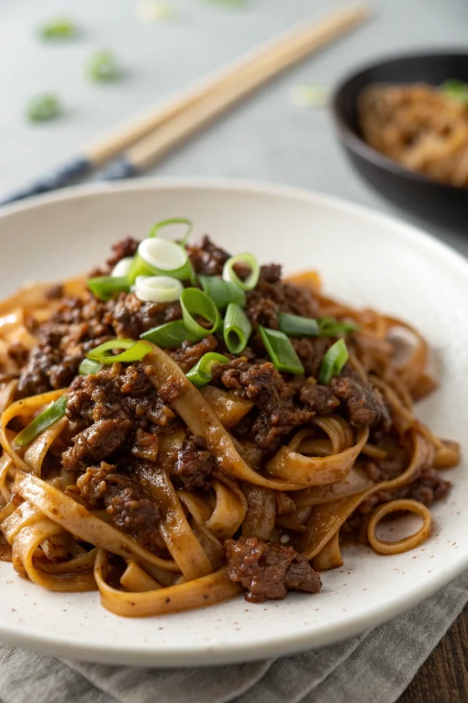Mongolian Ground Beef Noodles for Beginners served on a white plate with glossy sauce and green onions