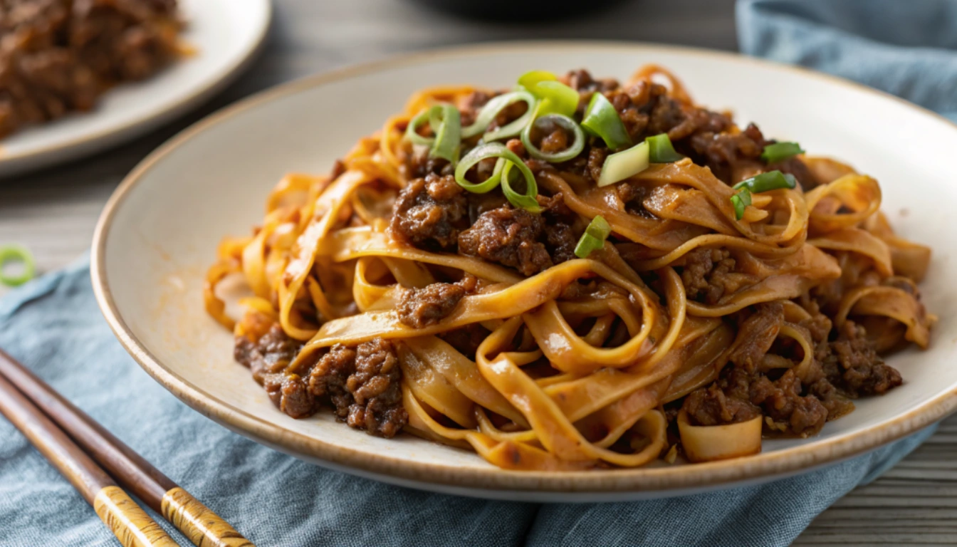 Mongolian Ground Beef Noodles for Beginners served on a white plate with glossy sauce and green onions