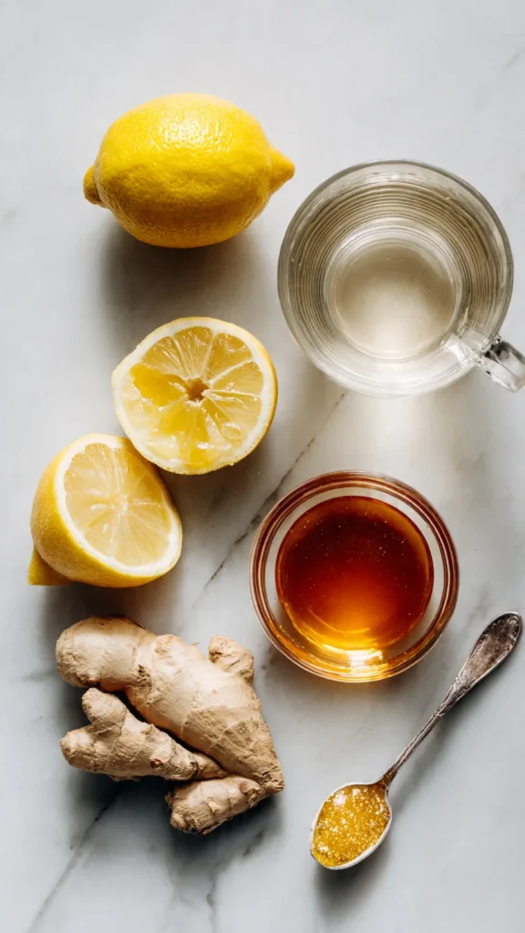 All four ingredients needed to make the Natural Mounjaro wellness drink: fresh lemon, ginger, raw honey, and raw apple cider vinegar with the mother