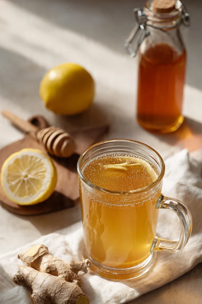 A homemade Natural Mounjaro wellness drink made with apple cider vinegar, fresh ginger, lemon juice, and raw honey, ready to serve as a morning detox tonic
