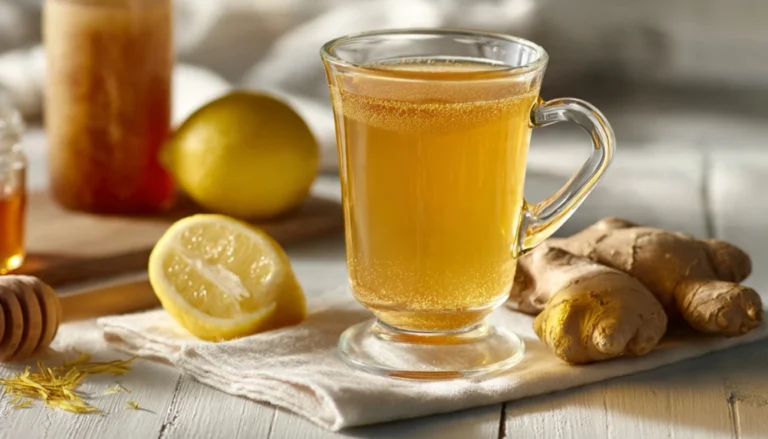 A homemade Natural Mounjaro wellness drink made with apple cider vinegar, fresh ginger, lemon juice, and raw honey, ready to serve as a morning detox tonic