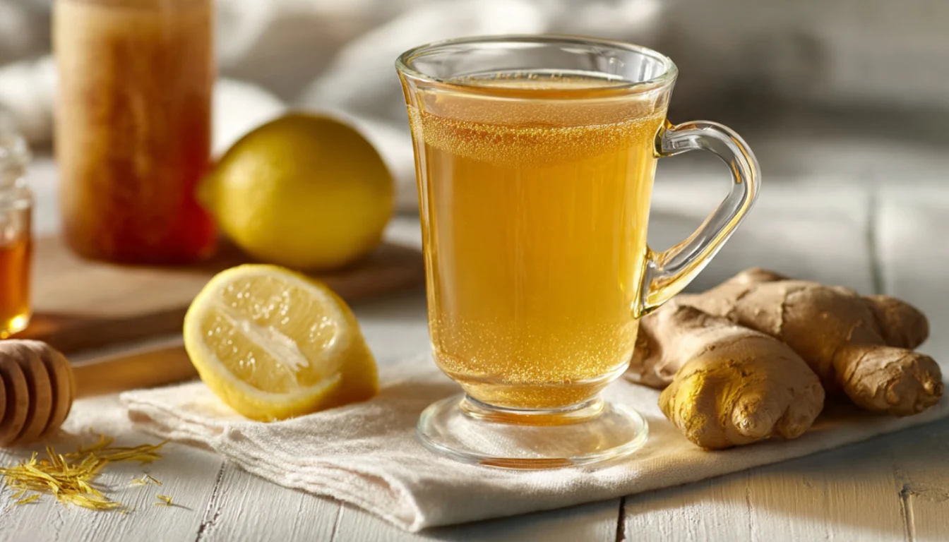A homemade Natural Mounjaro wellness drink made with apple cider vinegar, fresh ginger, lemon juice, and raw honey, ready to serve as a morning detox tonic