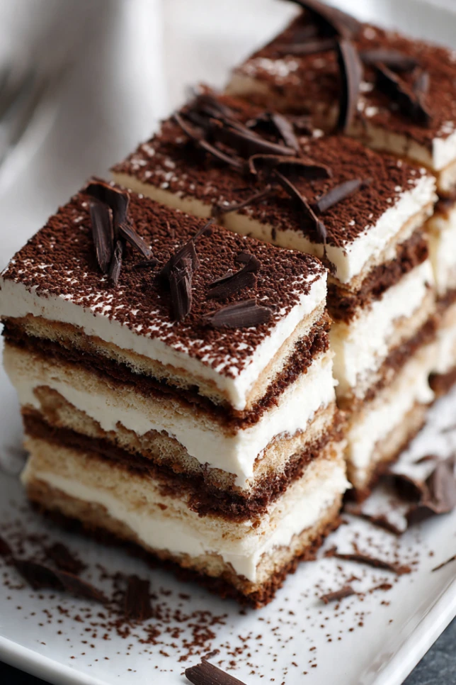 No-bake chocolate cream biscuit dessert sliced to show layered chocolate cream and biscuit layers, dusted with cocoa powder