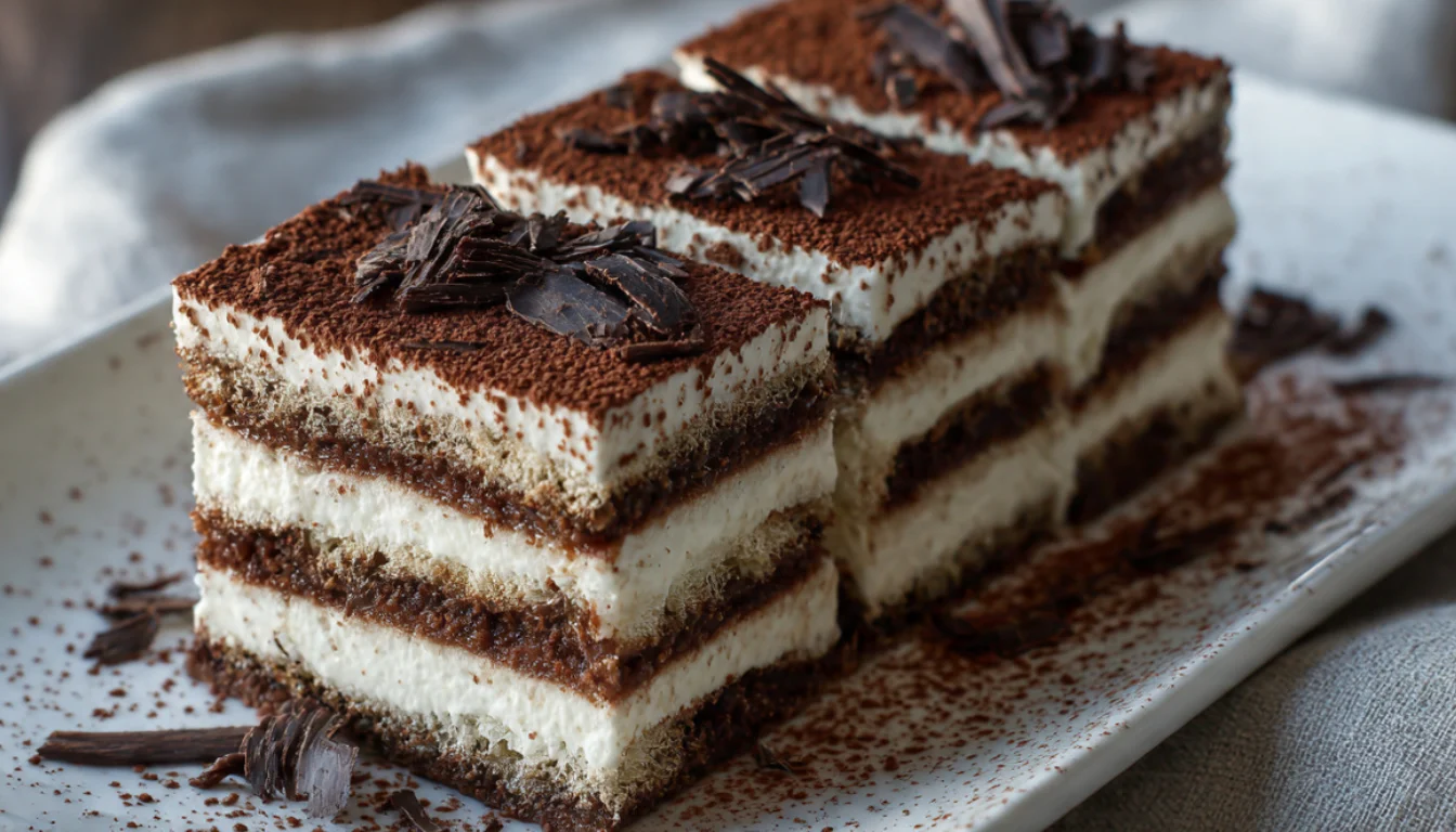 No-bake chocolate cream biscuit dessert sliced to show layered chocolate cream and biscuit layers, dusted with cocoa powder