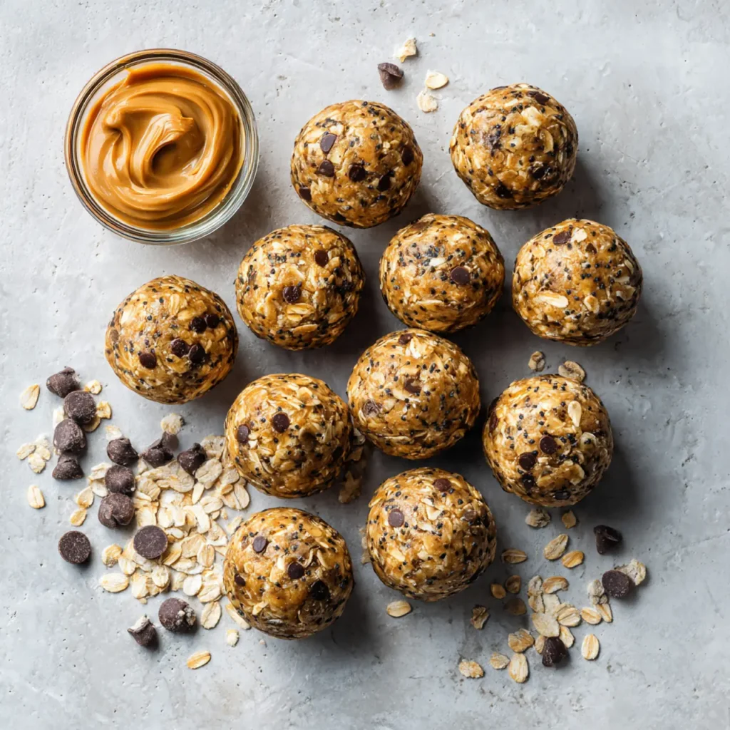 Homemade no-bake energy balls made with oats, peanut butter, dark chocolate chips, and chia seeds arranged on a marble surface