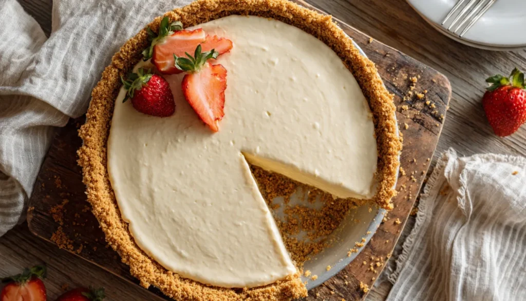 Creamy no-bake vanilla pie in graham cracker crust with one slice cut showing smooth filling