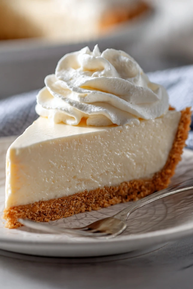 Creamy no-bake vanilla pie in graham cracker crust with one slice cut showing smooth filling