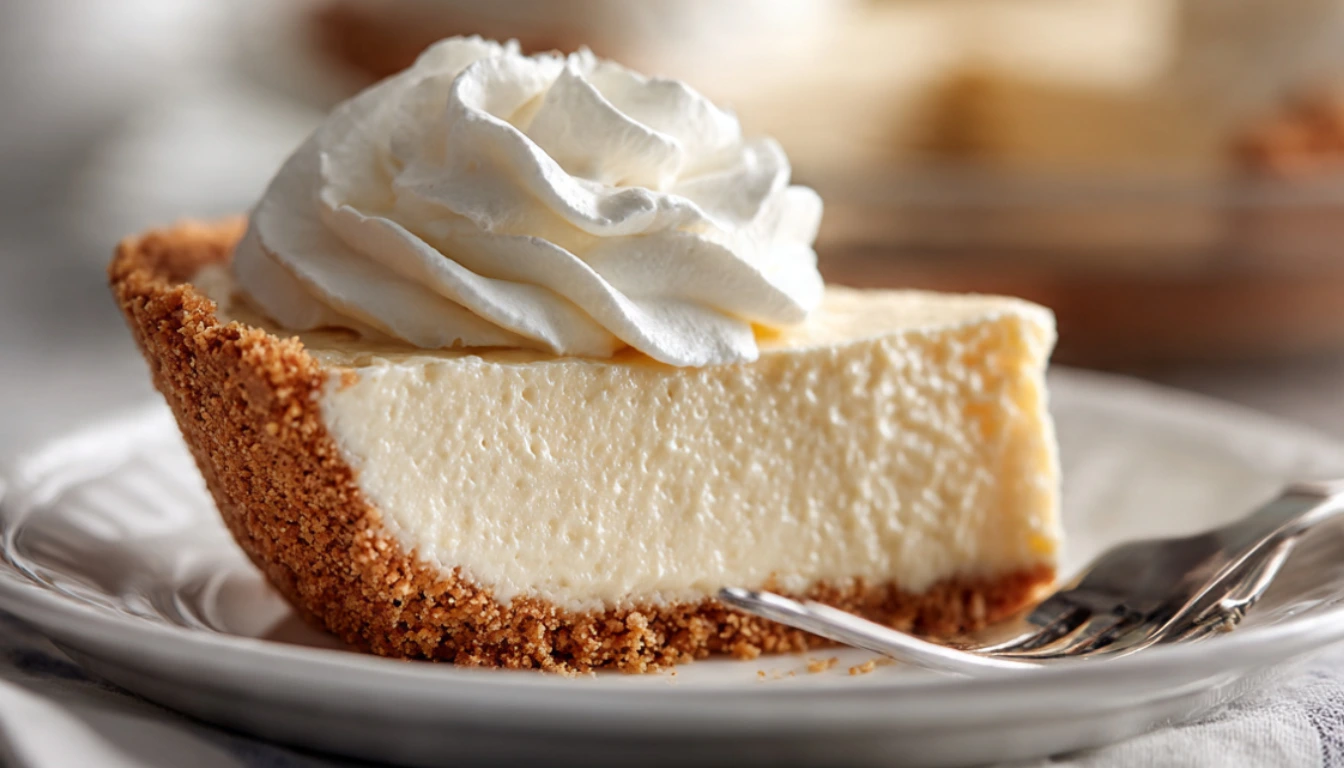 Creamy no-bake vanilla pie in graham cracker crust with one slice cut showing smooth filling