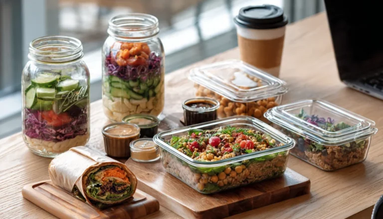 Assortment of cold office lunches in glass containers on desk including mason jar salad, grain bowl, and wrap