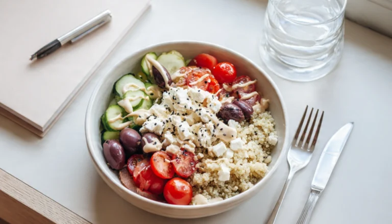 A colorful Mediterranean quinoa bowl with cherry tomatoes, cucumber, feta, and tahini sauce served on a clean desk, perfect for a quick office lunch