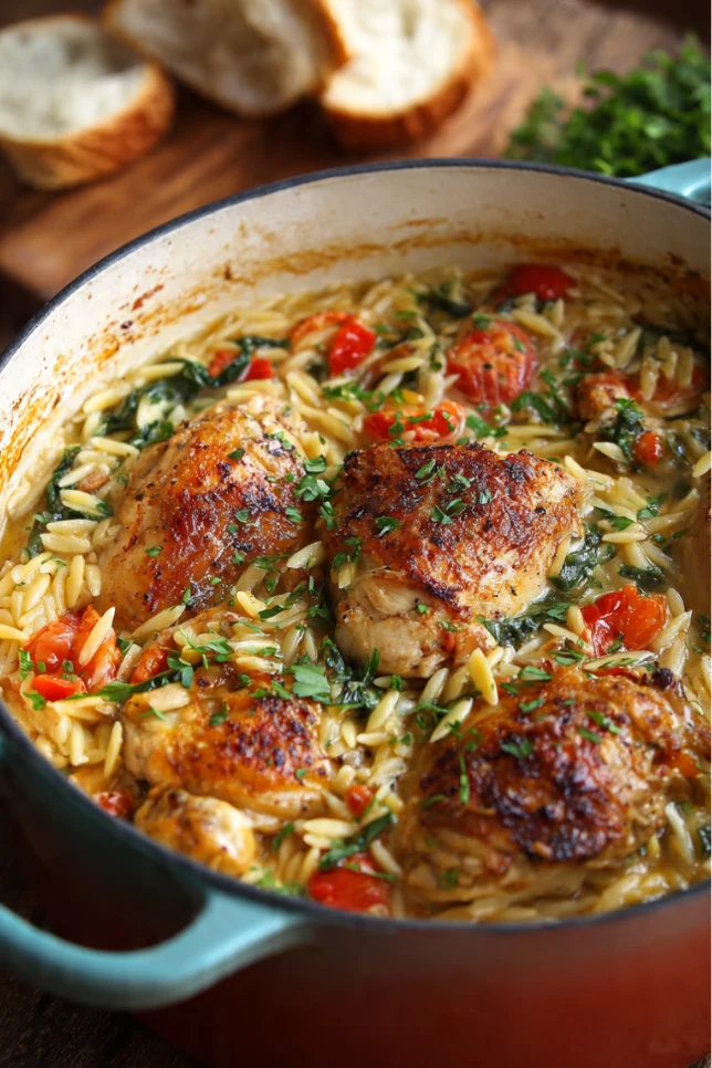 One pot chicken orzo with crispy chicken thighs, cherry tomatoes, spinach, and feta cheese in a Dutch oven