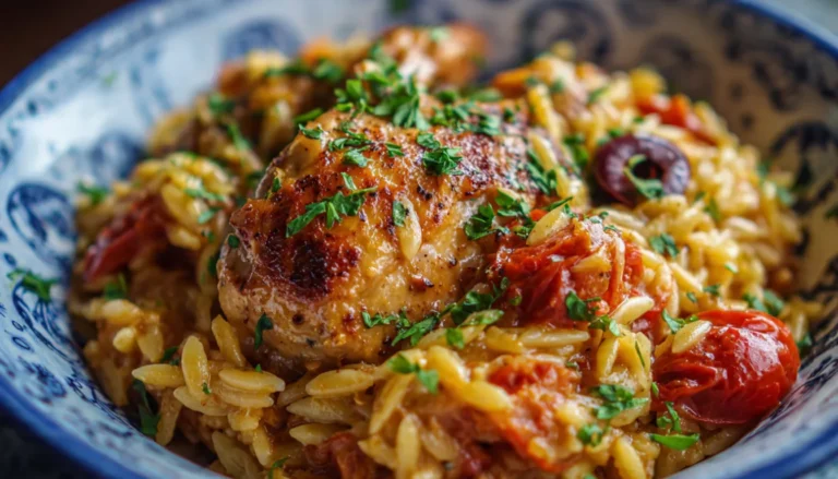 One pot chicken orzo with crispy chicken thighs, cherry tomatoes, spinach, and feta cheese in a Dutch oven