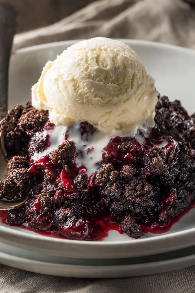 Oreo dump cobbler served warm with melting vanilla ice cream on white plate