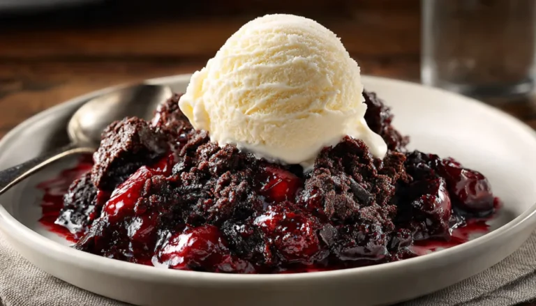 Oreo dump cobbler served warm with melting vanilla ice cream on white plate