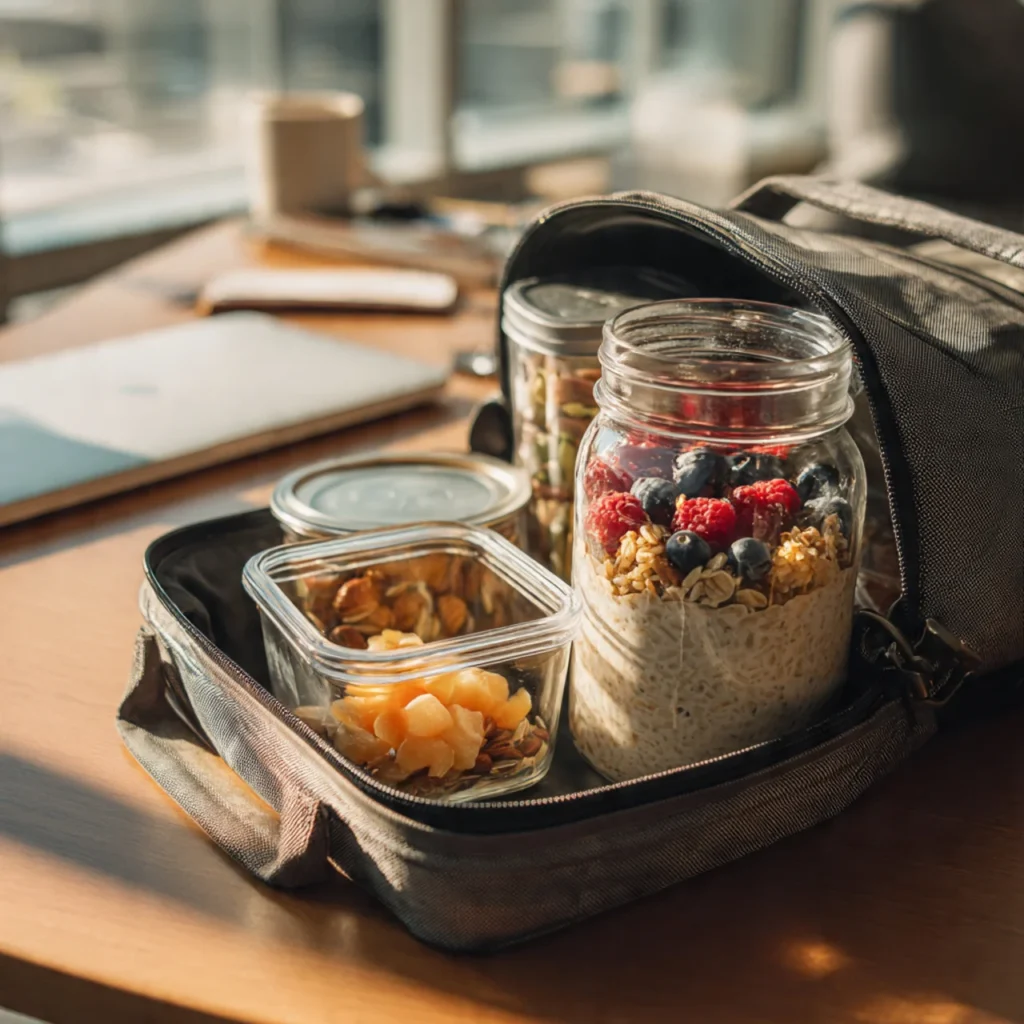 Open lunch bag on office desk with glass container grain bowl, overnight oats jar and fruit snack