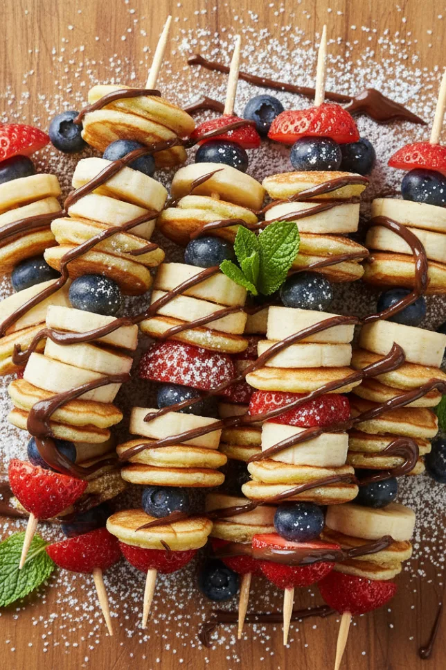 Pancake skewers with fluffy mini pancakes and fresh fruit on a white plate