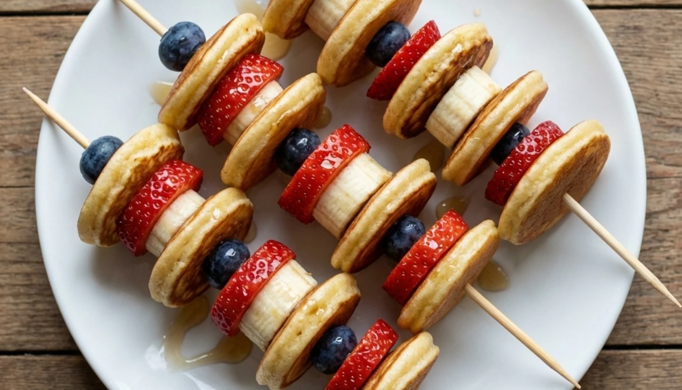 Pancake skewers with fluffy mini pancakes and fresh fruit on a white plate