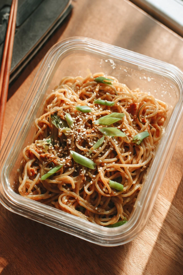 Peanut noodle cold lunch in meal prep container with chopsticks on desk