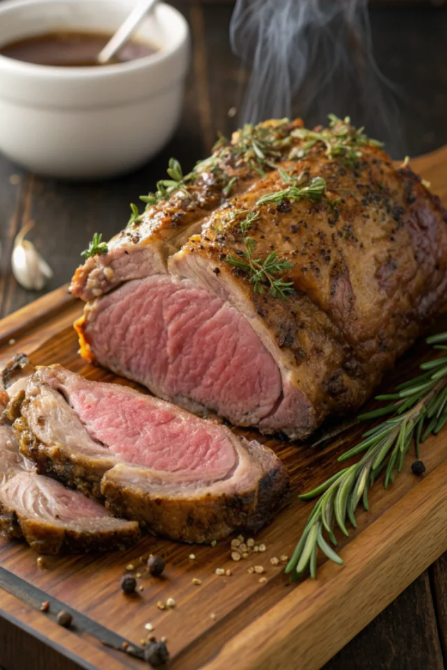 Sliced bone-in prime rib roast with golden herb crust on a wooden cutting board showing medium-rare pink interior