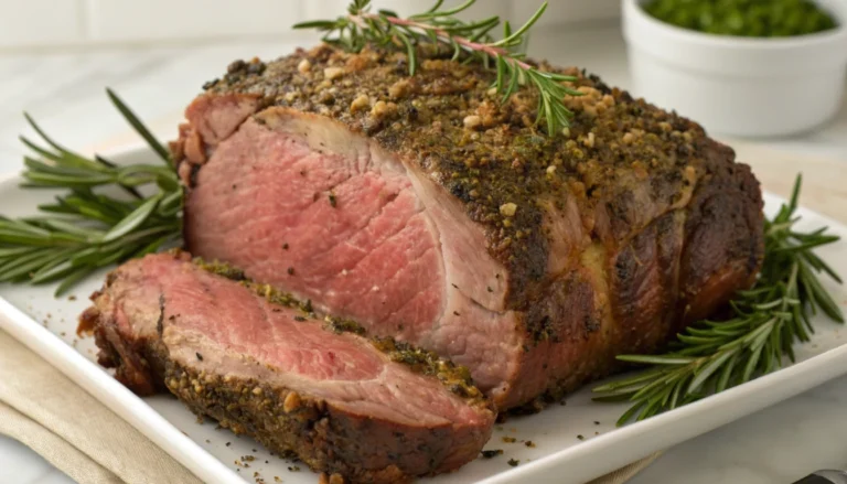 Sliced bone-in prime rib roast with golden herb crust on a wooden cutting board showing medium-rare pink interior