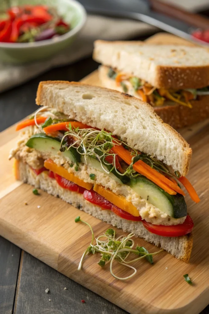 Cross-section of vegetable sandwich showing hummus, roasted peppers, cucumber, carrots, sprouts and cheddar on sourdough
