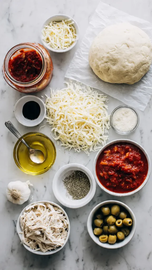 All the ingredients needed to make golden cheesy chicken pizza muffin cups laid out on a marble surface, including pizza dough, shredded chicken, mozzarella, pizza sauce, and seasonings