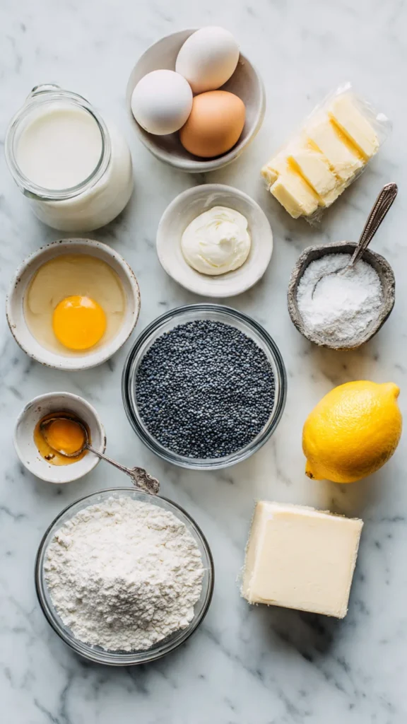 Ingredients for poppy seed buns including poppy seeds, eggs, butter, milk, honey, flour, and lemon arranged on marble surface
