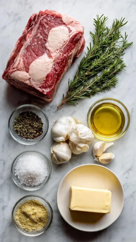 Overhead flat lay of prime rib roast ingredients including raw rib roast, kosher salt, garlic, rosemary, butter and spices on white marble