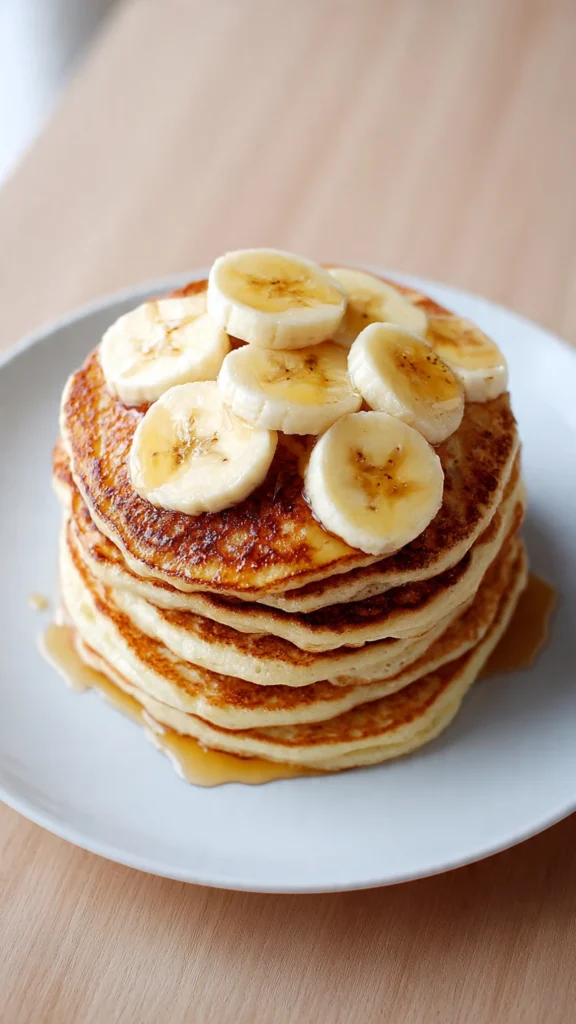 Fluffy protein pancakes stacked on a white plate with fresh banana slices