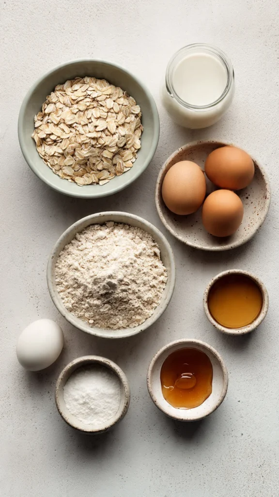 Ingredients for protein pancakes including oats, protein powder, eggs, and milk
