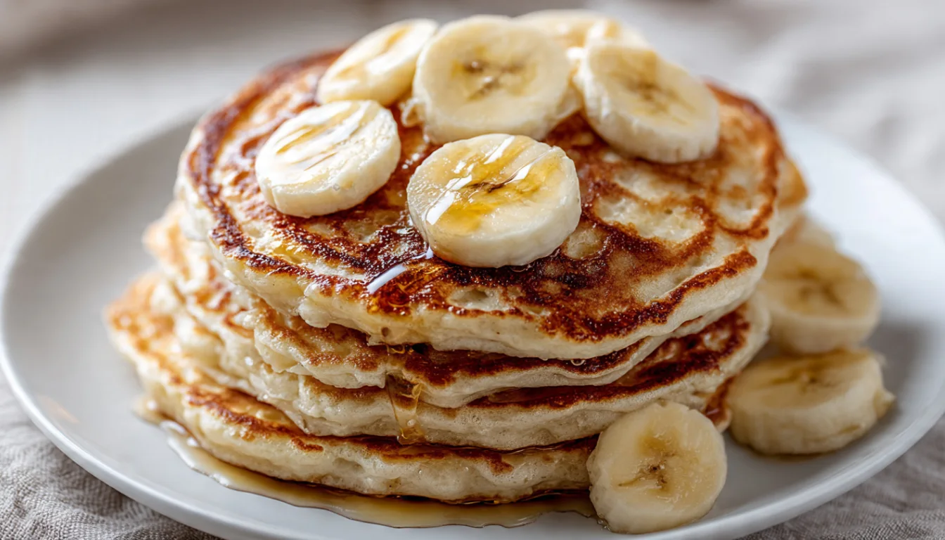 Fluffy protein pancakes stacked on a white plate with fresh banana slices