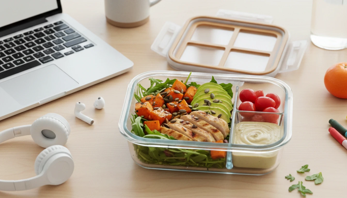 Healthy quick desk lunch in container on office workspace with laptop