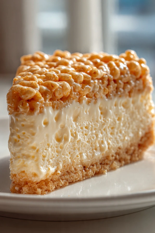 Rice Krispie Treat Cheesecake slice on white plate showing marshmallow cereal crust and creamy cheesecake layer