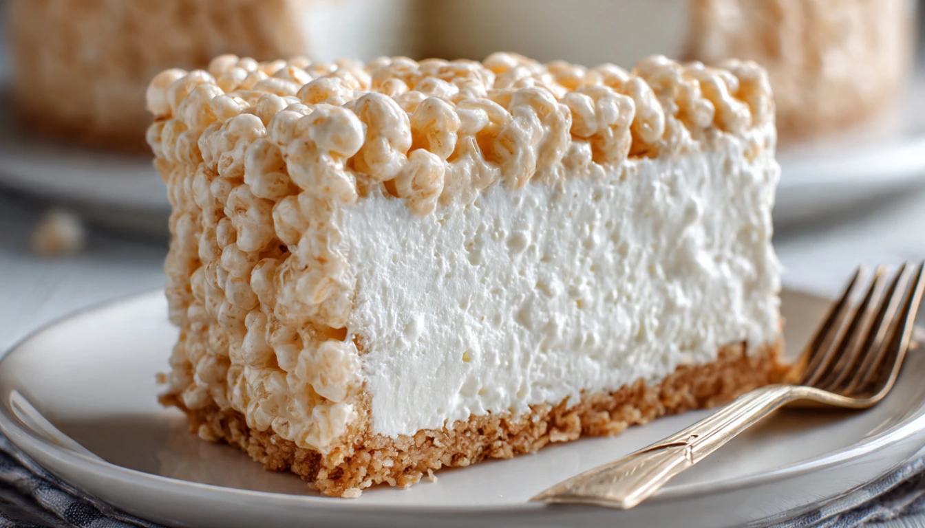 Rice Krispie Treat Cheesecake slice on white plate showing marshmallow cereal crust and creamy cheesecake layer