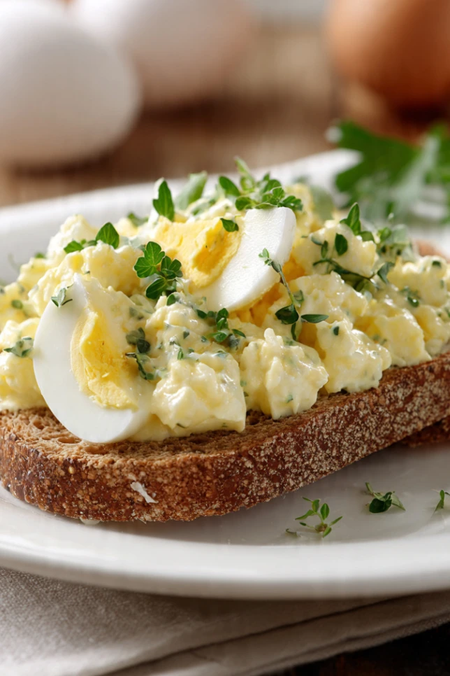 Homemade egg salad sandwich on whole grain bread with hard boiled eggs