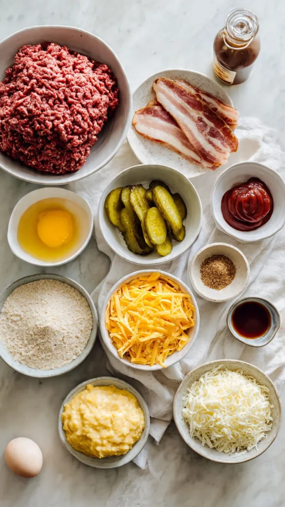Flat lay of ingredients for smoked bacon cheeseburger stuffed meatloaf including ground beef, smoked bacon, cheddar cheese, pickles, mustard and eggs on marble countertop