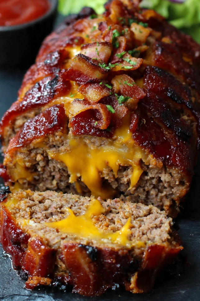 Sliced smoked bacon cheeseburger stuffed meatloaf on a wooden cutting board showing melted cheddar cheese and bacon filling inside