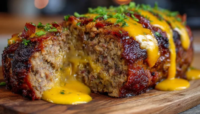 Sliced smoked bacon cheeseburger stuffed meatloaf on a wooden cutting board showing melted cheddar cheese and bacon filling inside