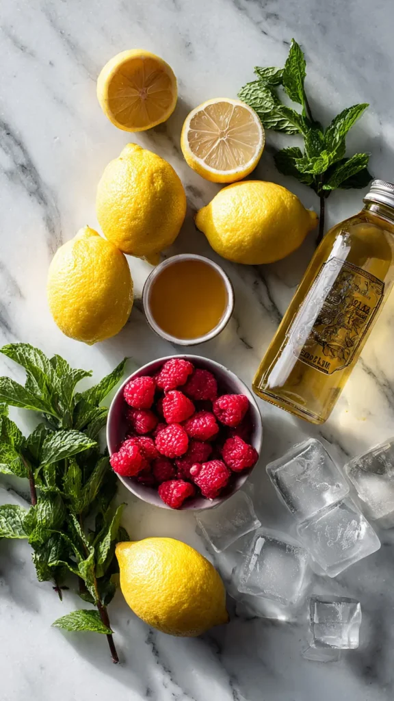 Fresh lemons, raspberries, honey, sparkling water, and mint arranged for homemade pink lemonade