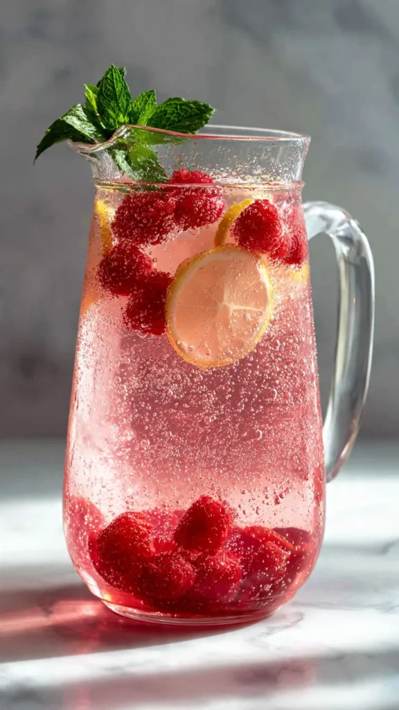 Glass pitcher of sparkling pink lemonade with fresh raspberries, lemon slices, and mint garnish