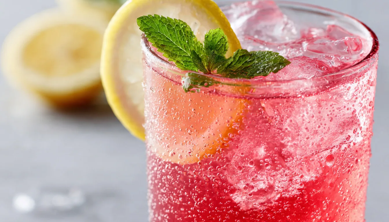 Glass pitcher of sparkling pink lemonade with fresh raspberries, lemon slices, and mint garnish
