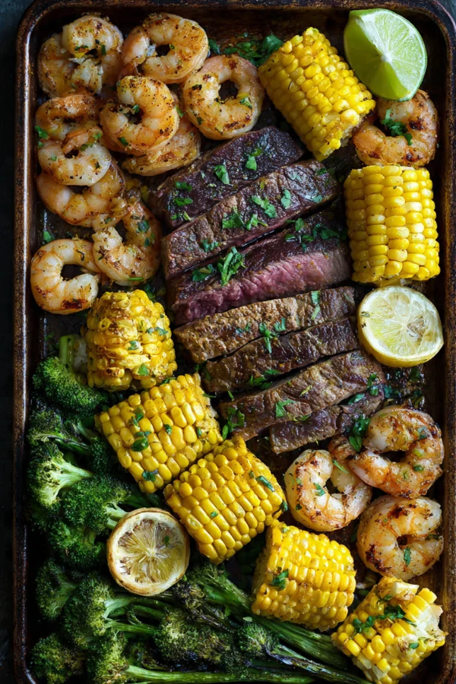 Overhead view of steak shrimp corn and broccoli sheet pan dinner with golden roasted vegetables and fresh parsley
