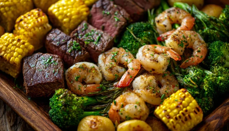 Overhead view of steak shrimp corn and broccoli sheet pan dinner with golden roasted vegetables and fresh parsley